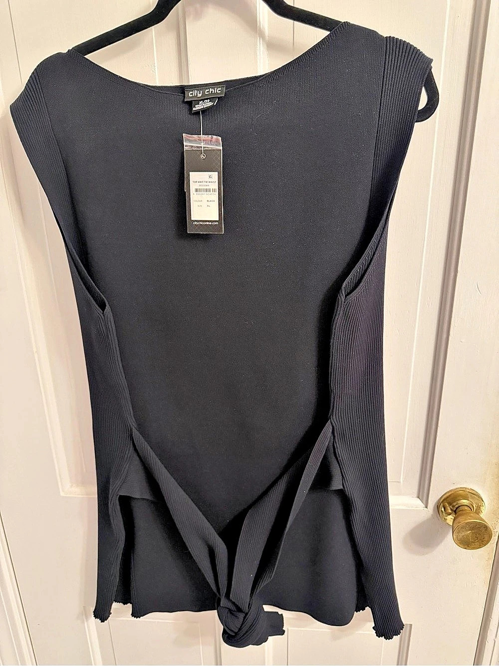 City Chic Knit Tie Waist Top Black XL/22